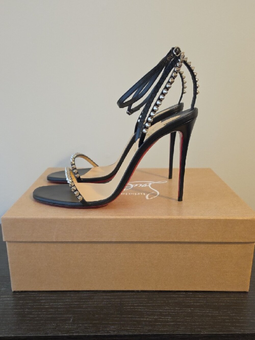 Christian Louboutin So Me 100mm Black Spike-Embellished Ankle-Tie Sandals - Picture 3 of 10